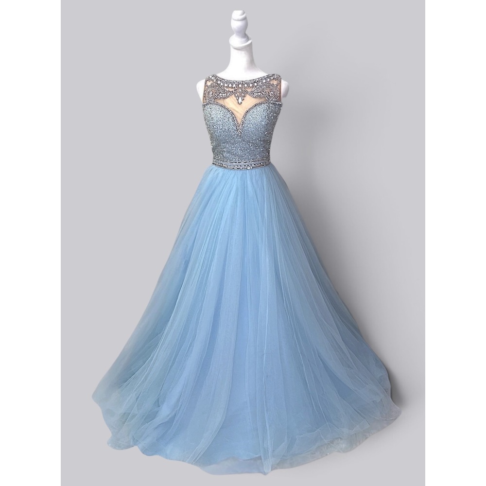 Sherri Hill Size 4 Blue Beaded Tulle Halter Prom Pageant Ball Gown
